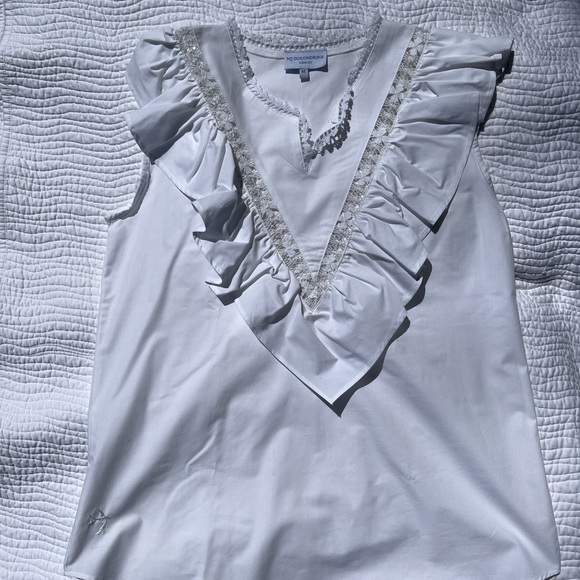 Mi Golondrina Tops - Mi Golondrina Valentina Ruffled V-Neck Sleeveless Top - White Size medium